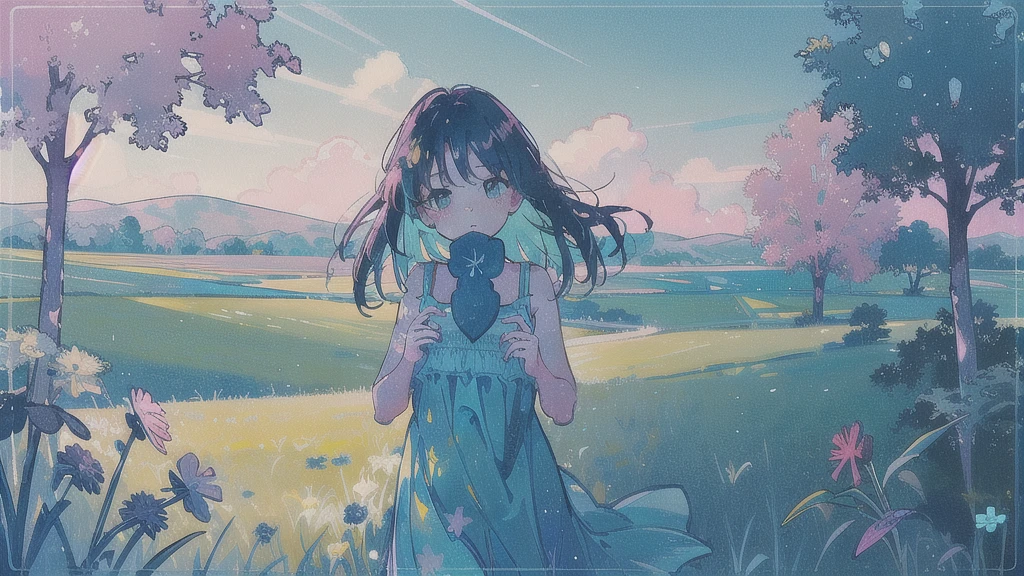 (watercolor), (low contrast), (face, cowboy shot, 1 girl, sundress, look at viewer), (clover field), nostalgic