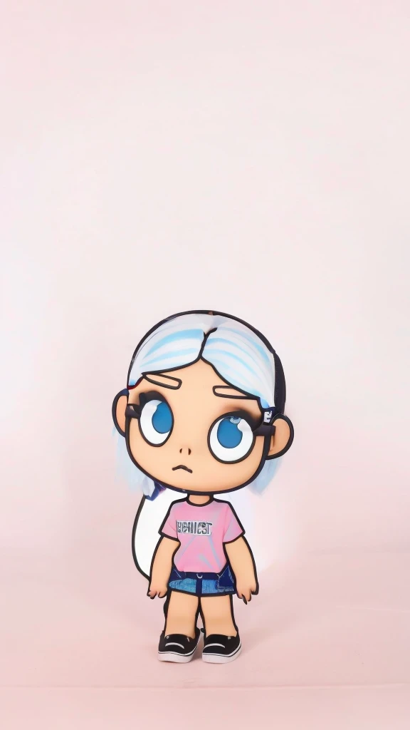 Cute Girl with Blue eye white hair as long as her waist,  pretty is written on the pink tshirt, very short blue jeans with black shoes with 9ne white line stripe on the sides 