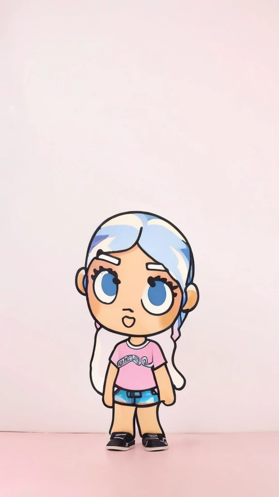 Cute Girl with Blue eye white hair as long as her waist,  pretty is written on the pink tshirt, very short blue jeans with black shoes with 9ne white line stripe on the sides 