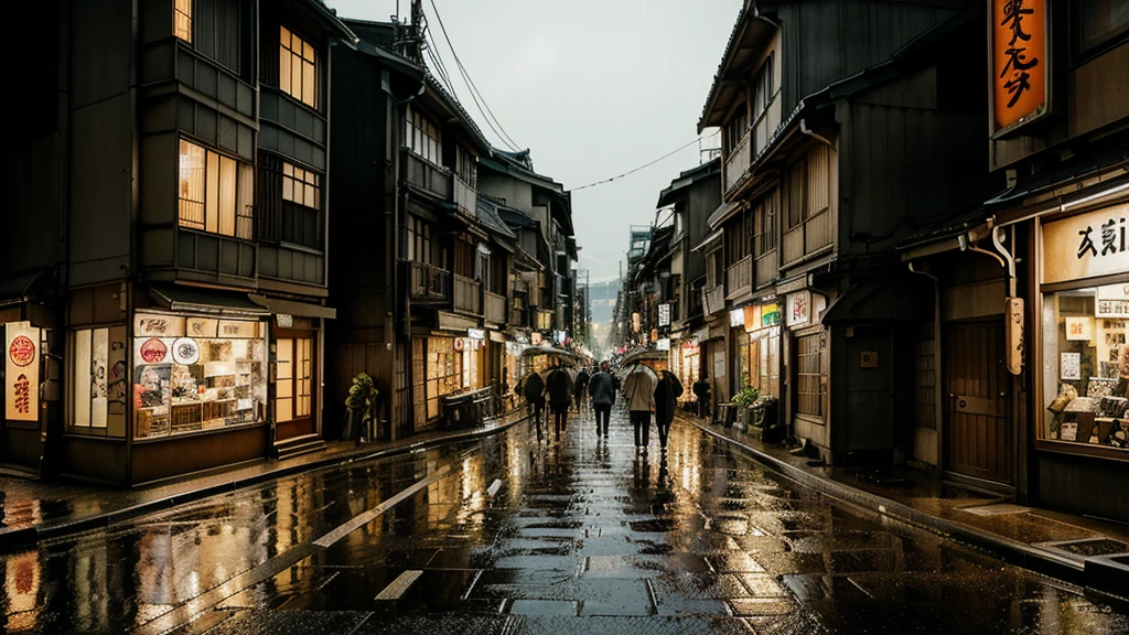  comic style illustration of tokyo old town as seen from street level at night in the rain with many lights. Camera View should be in the middle of the city from a sidewalk.