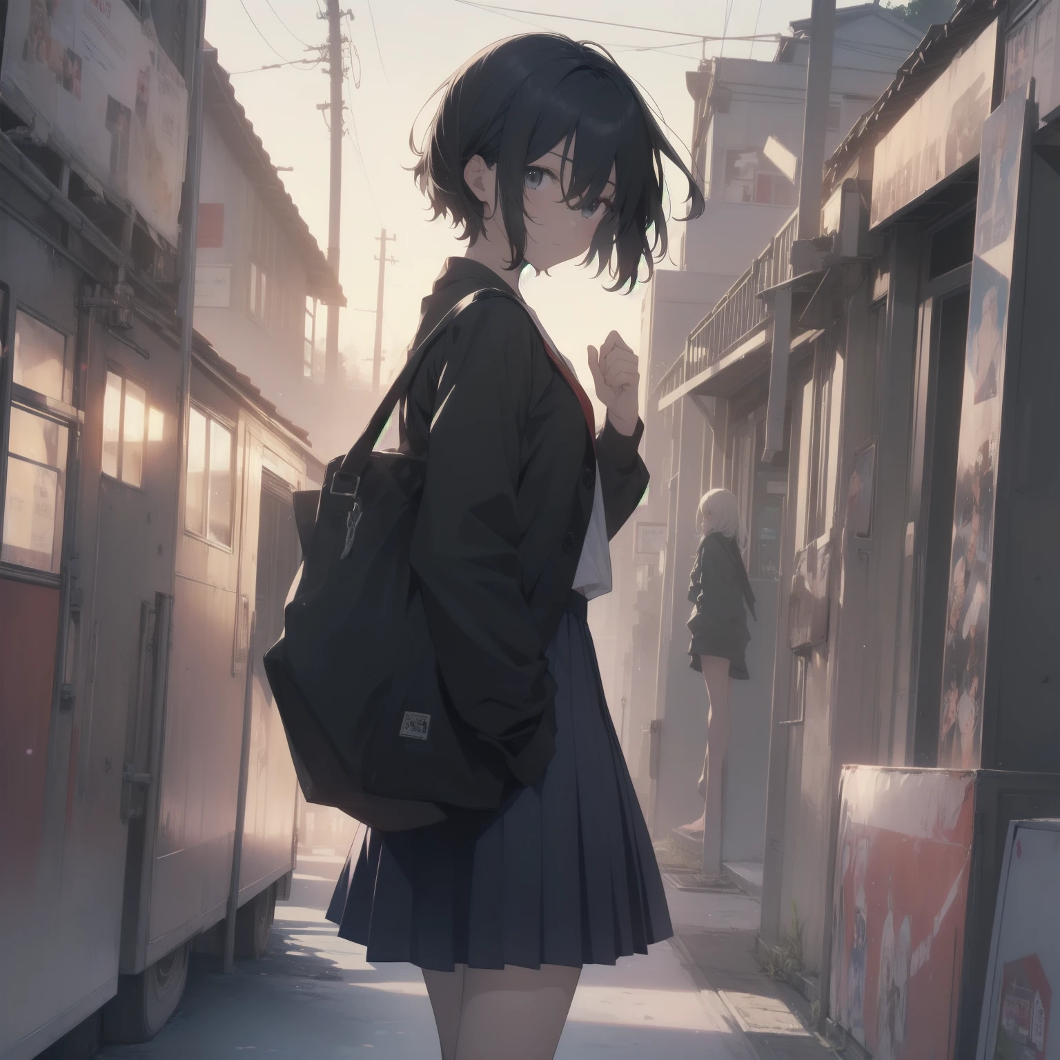 ultra-absurdres-Top quality by artist God, ultra-detailed, high resolution, anime moe artstyle, best anime 8k konachan wallpaper, pixiv contest winner, pool:2810, perfect anatomy,break, 1girl, (Please draw a girl walking sleepily to school alone. )break,(Solo,little female, 13-year-old:1.3),Full limbs, complete fingers,a junior high school student, (very short hair), short cut, flat chest, , small butt, small black eyes, beautiful detailed eyes, well-proportioned iris and pupils, expressive eyes, highres detailed hair, soft expression, salor school_uniform, sailor collar, serahuku, bow, pleated skirt,(Detailed Lighting), (Detailed background), in the School commute route. break,super detailed skin, Best cinematic lighting powered by famous artist, 8k,beauty illustration,photoshop_(medium),very aesthetic,break,((artist:yuuhagi_(amaretto-no-natsu) )), artist:clamp ,artist:carnelian ,artist:kantoku ,