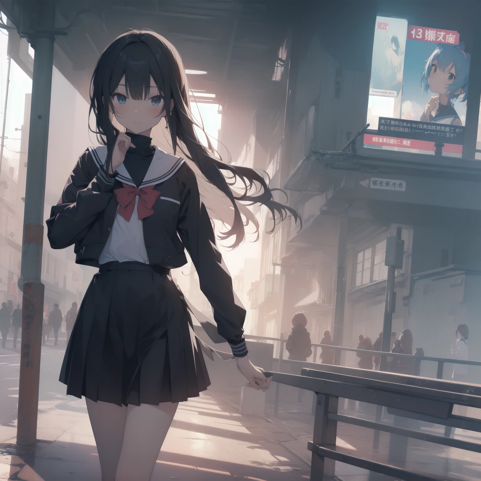 ultra-absurdres-Top quality by artist God, ultra-detailed, high resolution, anime moe artstyle, best anime 8k konachan wallpaper, pixiv contest winner, pool:2810, perfect anatomy,break, 1girl, (Please draw a girl walking sleepily to school alone. )break,(Solo,little female, 13-year-old:1.3),Full limbs, complete fingers,a junior high school student, (very short hair), short cut, flat chest, , small butt, small black eyes, beautiful detailed eyes, well-proportioned iris and pupils, expressive eyes, highres detailed hair, soft expression, salor school_uniform, sailor collar, serahuku, bow, pleated skirt,(Detailed Lighting), (Detailed background), in the School commute route. break,super detailed skin, Best cinematic lighting powered by famous artist, 8k,beauty illustration,photoshop_(medium),very aesthetic,break,((artist:yuuhagi_(amaretto-no-natsu) )), artist:clamp ,artist:carnelian ,artist:kantoku ,