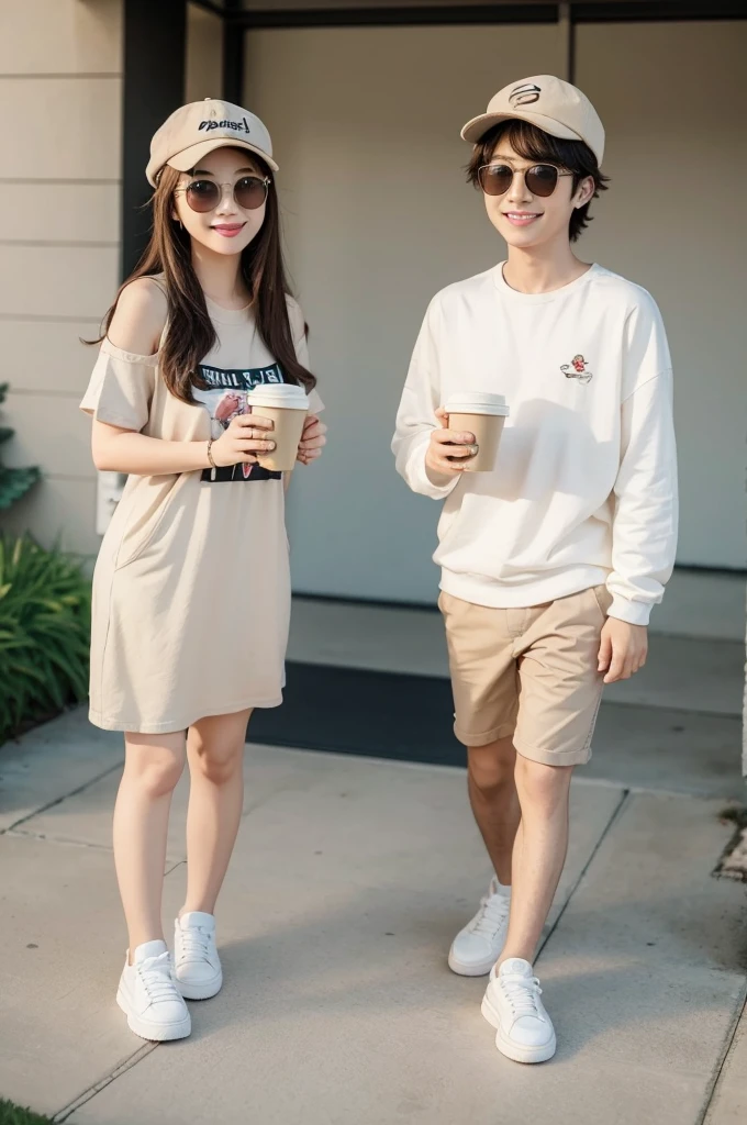 Cartoon chibi style full body portrait rendered using C4D, of happy smiling a cute girl and boy wearing beige hats , sunglasses and white sneakers , holding coffee cups in their hands , with a simple background , using matte clay textures and soft lighting , rich details and best quality .- ar 3:4-- niji 6