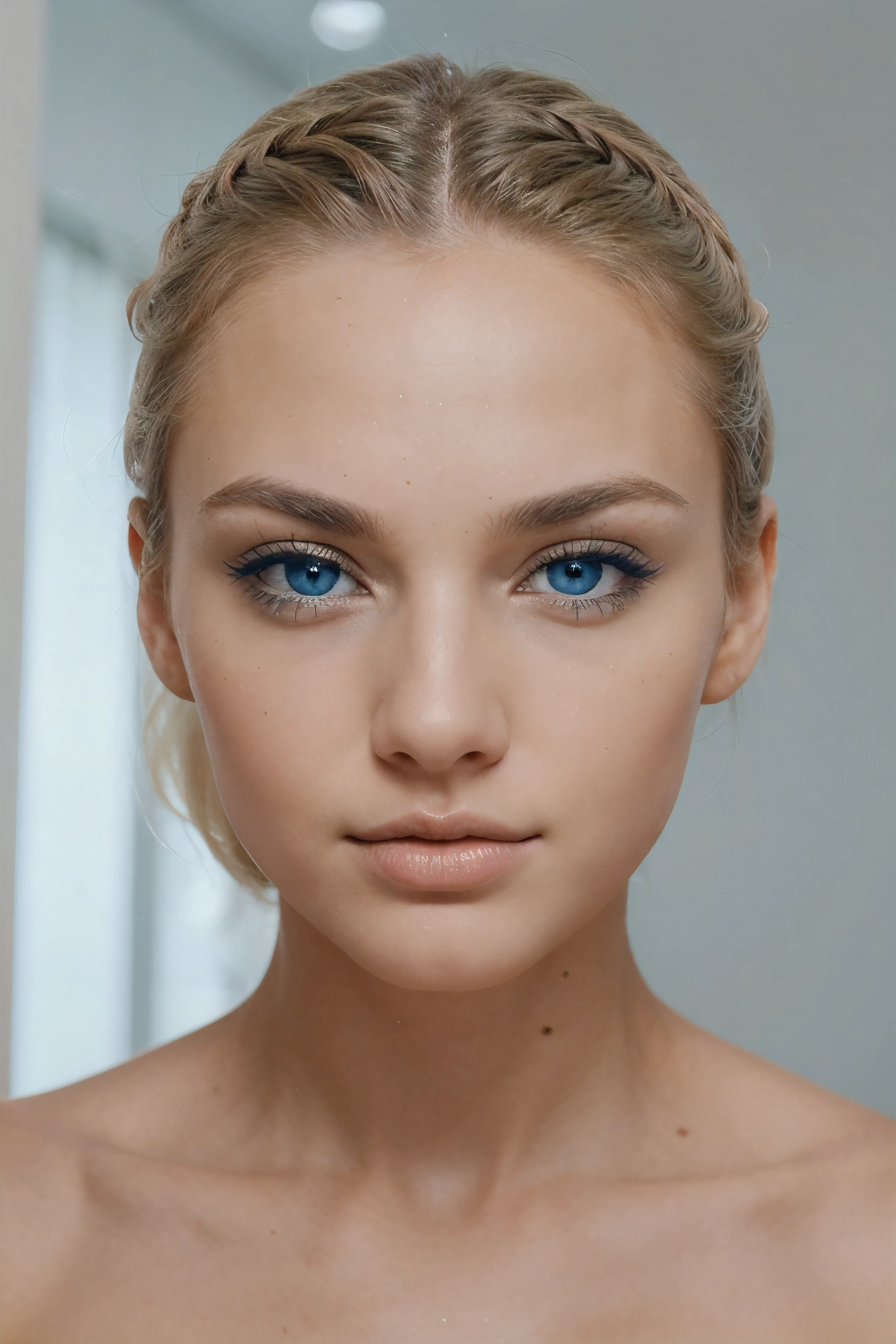 with long blonde hair, Very light blue eyes and striking look., Perfect nose and faces and delicate features.