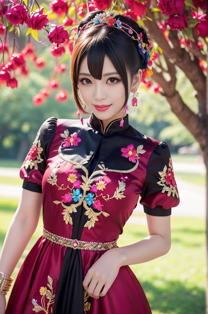 (masterpiece:1.4), (best quality:1.4), ultra high res, ultra high resolution, ((detailed facial features)), HDR, (realistic, photorealistic, photo-realistic:1.37), full body Esbian, sexy Vietnamese model, (-anime), vivid colors, ((vivid colors multicolor (red, fuchsia) very short hair)), (happy smile), lip-gloss, long lashes, ultra detailed makeup, defined eyebrows, wearing large sparkling colorful jewelery, (wearing a red silk Paradise Kiss cosplay dress with black floral embroidery), ((vivid colors outfit)), vivid colors, look at the camera, cinematic light, large park background with trees, sweet and sexy pose