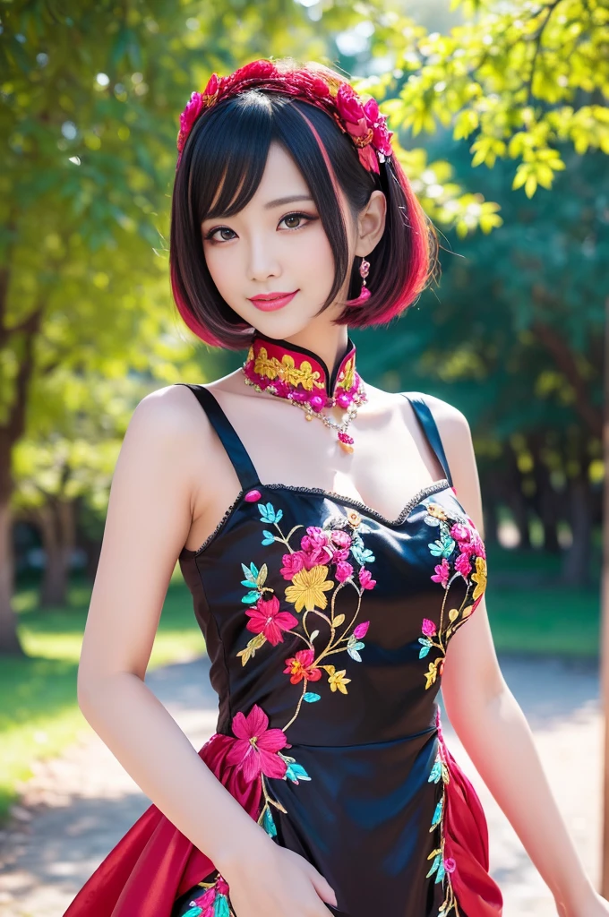 (masterpiece:1.4), (best quality:1.4), ultra high res, ultra high resolution, ((detailed facial features)), HDR, (realistic, photorealistic, photo-realistic:1.37), full body Esbian, sexy Vietnamese model, (-anime), vivid colors, ((vivid colors multicolor (red, fuchsia) very short hair)), (happy smile), lip-gloss, long lashes, ultra detailed makeup, defined eyebrows, wearing large sparkling colorful jewelery, (wearing a red silk Paradise Kiss cosplay dress with black floral embroidery), ((vivid colors outfit)), vivid colors, look at the camera, cinematic light, large park background with trees, sweet and sexy pose