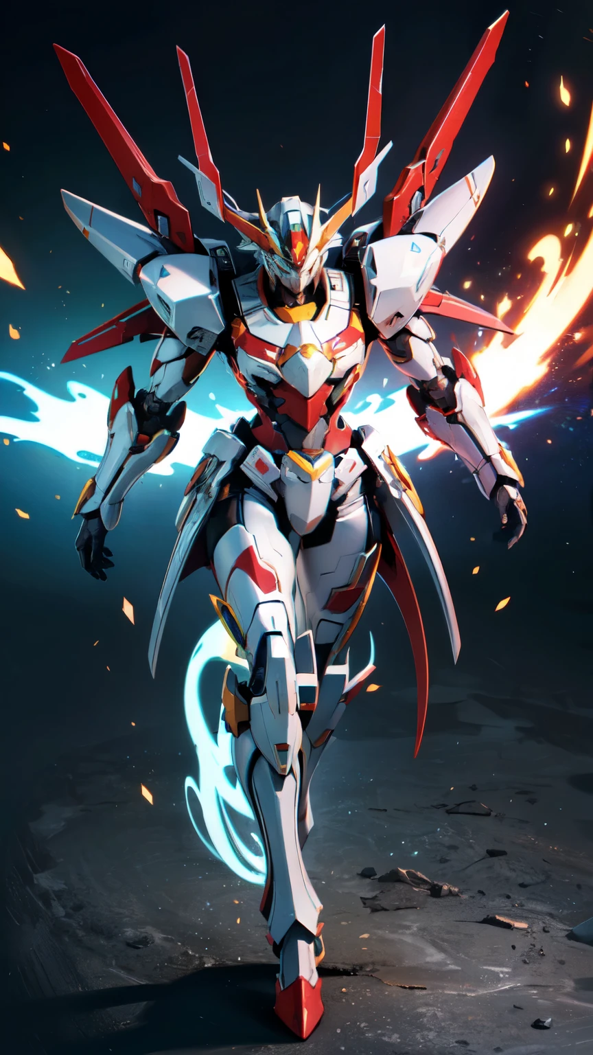 (masterpiece:1.5, best quality:1.5, extremely delicate:1.5), humanoid Mecha, fully enclosed shoulder guards, matching arm and leg guards, full body, full armor, the design balances heavy with agility, (the color scheme is primarily white with red and blue accents, the concept Inspired by Super robot, organic biotech armor, standing, floating high above the futuristic sci-fi city), exquisite and mature art style, (aura effect, energy, glowing eyes, the armor glows), metallic, dramatic, high definition, highres, ultra-detailed, ultra-fine painting, professional, perfect body proportions, anatomically correct, symmetrical face, extremely detailed eyes and face, high quality eyes, creativity, RAW photo, UHD, 32k, Natural light, cinematic lighting, masterpiece-anatomy-perfect