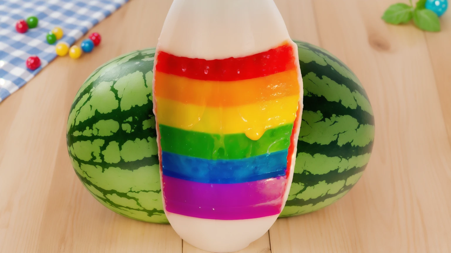 on a wooden table, Watermelon divided into two parts, Rainbow cream flows out of watermelon rind, bright lighting, Realistic style , realistic texture, detailed texture, a high resolution, high quality, macro photography