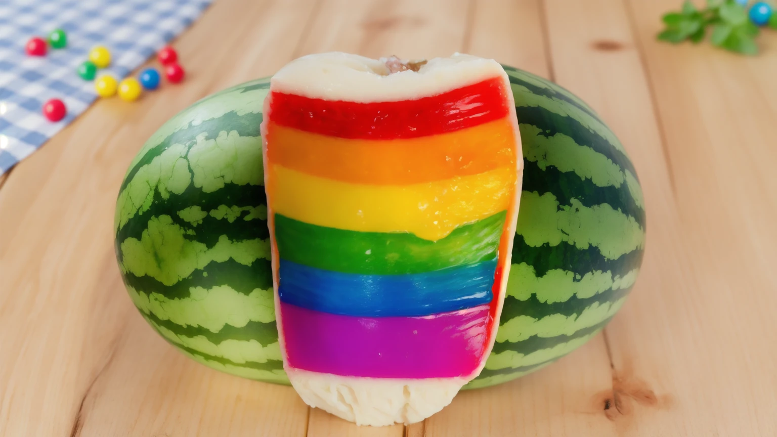 on a wooden table, Watermelon divided into two parts, Rainbow cream flows out of watermelon rind, bright lighting, Realistic style , realistic texture, detailed texture, a high resolution, high quality, macro photography