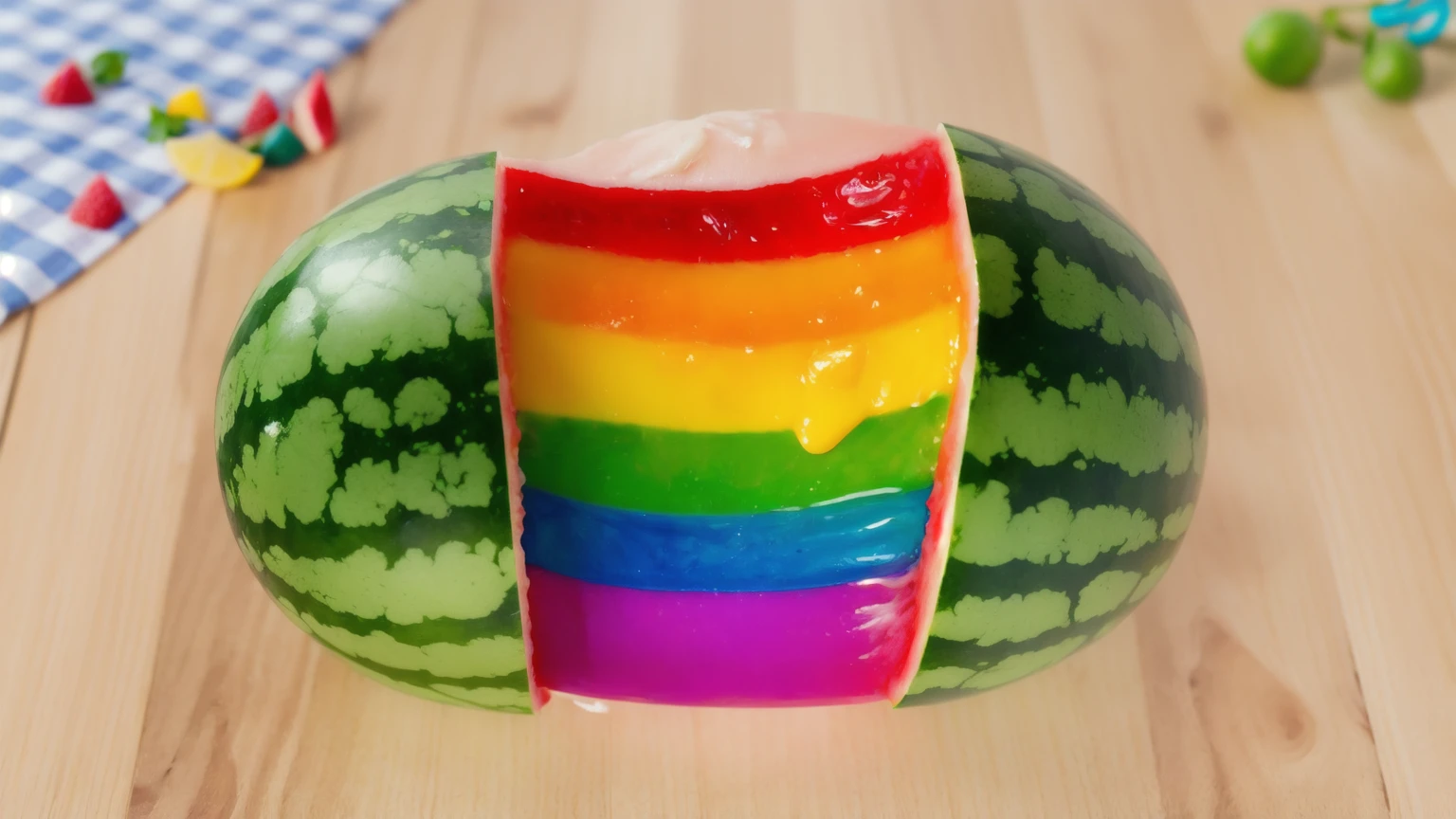 on a wooden table, Watermelon divided into two parts, Rainbow cream flows out of watermelon rind, bright lighting, Realistic style , realistic texture, detailed texture, a high resolution, high quality, macro photography