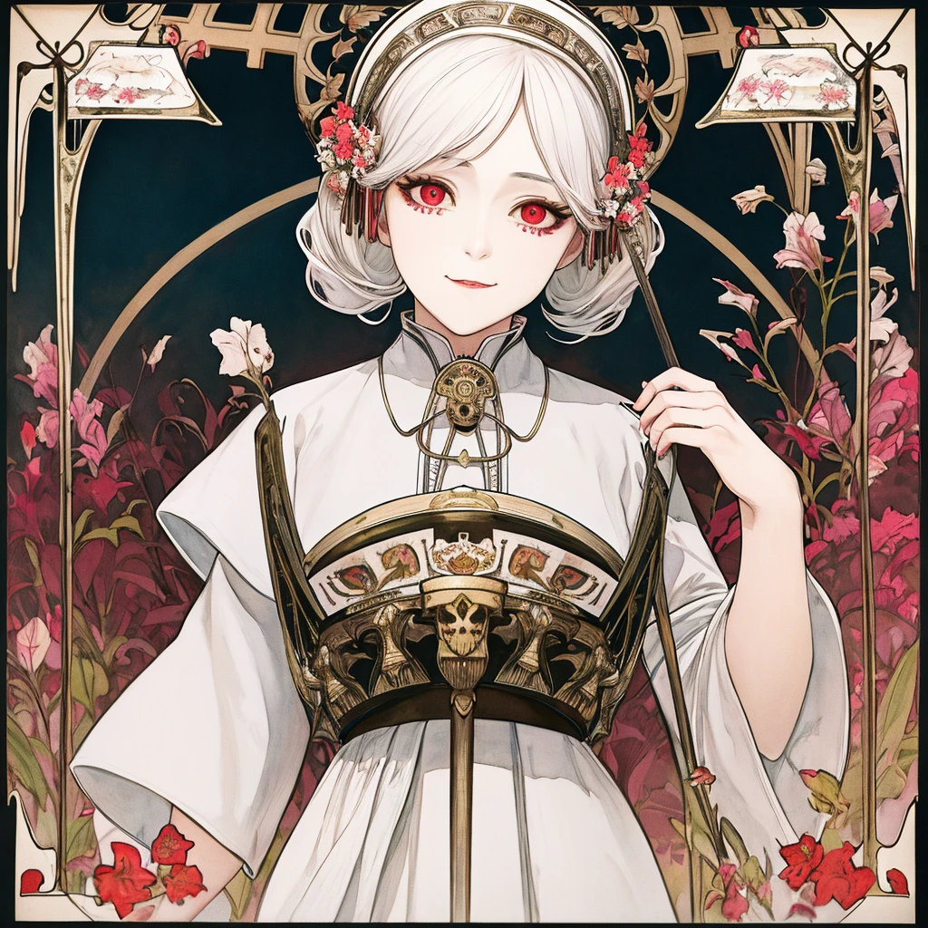 SFW,masutepiece, Best Quality, High resolution, 1girl, upper body, Details , detail hands, Detail fingers, Detail Face, detail legs, watercolor paiting, in graveyard, white hair, pigtails, wavy hair, white clothes, red eyes, skull, bone, (art nouveau:1.25), Maximalism artstyle, neon theme, suprematism, beautiful detailed eyes, hyper detailed, beautifuly color, high details, high quality, back light, upper body, high quality, hair with body, white lilys, evil grin, human hands, priest, poisoned chalice
