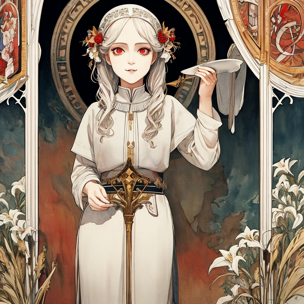 SFW,masutepiece, Best Quality, High resolution, 1girl, upper body, Details , detail hands, Detail fingers, Detail Face, detail legs, watercolor paiting, in graveyard, white hair, pigtails, wavy hair, white clothes, red eyes, skull, bone, (art nouveau:1.25), Maximalism artstyle, neon theme, suprematism, beautiful detailed eyes, hyper detailed, beautifuly color, high details, high quality, back light, upper body, high quality, hair with body, white lilys, evil grin, human hands, priest, poisoned chalice