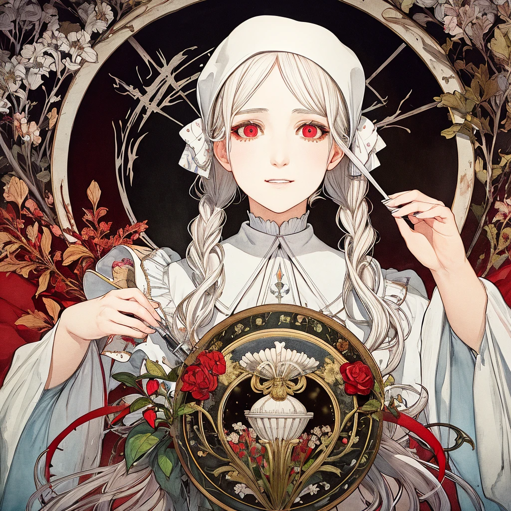 SFW,masutepiece, Best Quality, High resolution, 1girl, upper body, Details , detail hands, Detail fingers, Detail Face, detail legs, watercolor paiting, in graveyard, white hair, pigtails, wavy hair, white clothes, red eyes, skull, bone, (art nouveau:1.25), Maximalism artstyle, neon theme, suprematism, beautiful detailed eyes, hyper detailed, beautifuly color, high details, high quality, back light, upper body, high quality, hair with body, white lilys, evil grin, human hands, priest, poisoned chalice