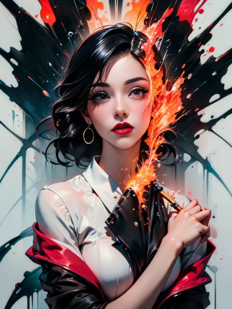 masterpiece, Best quality, ultra high resolution, Beautiful, elegant, Elegant, Award-winning art, 1 girl , portrait, half naked, (style Yuko Shimizu:1.1), (abstract art:1.2), Red lips, Silent man in chaodel pose at fashion show, style by Rebecca Guy, black hair, red fire , enveloped in flames, dark theme, Visually stunning, fabulous