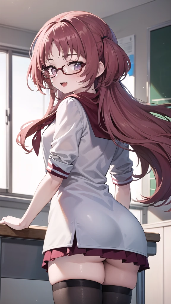 Masterpiece, perfect lighting, (beautiful, Best quality: 1.3), Perfect eyes, absurd, 8k, 1 girl, alone, (absurds), finely detailed, very large, Violet eyes, red hair, red glasses, small breasts, smiling , open mouth, in love, looking at viewer, from behind, thighs, glasses, wide, black stockings, Serapuku, sailor collar, yellow scarf, white shirt, red dress, red hair, classroom