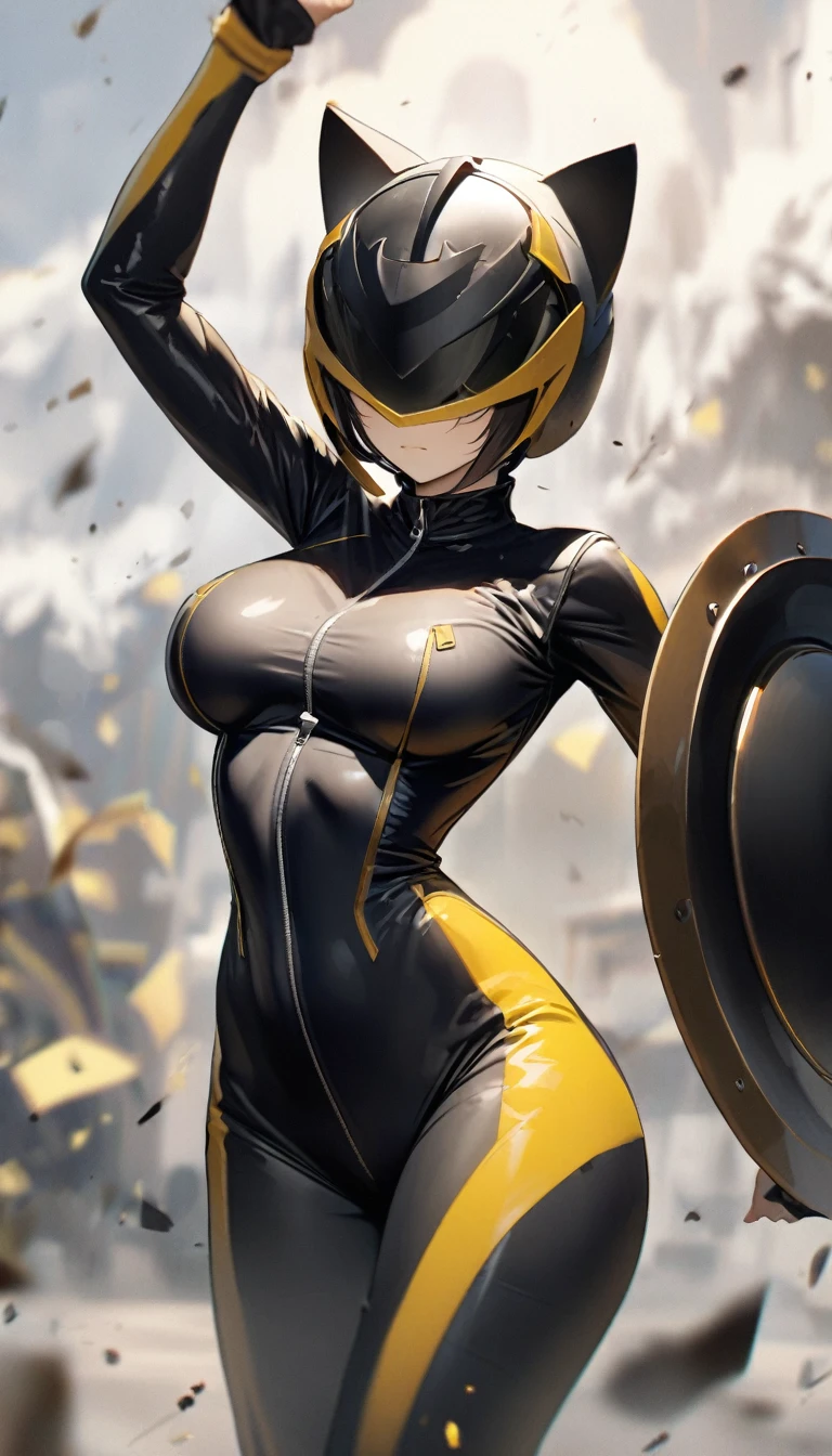 woman in a black zip-up tight biker suit, great proportions, yellow full-face helmet with cat ears and black shield, face not visible, 2.5D, delicate and dynamic