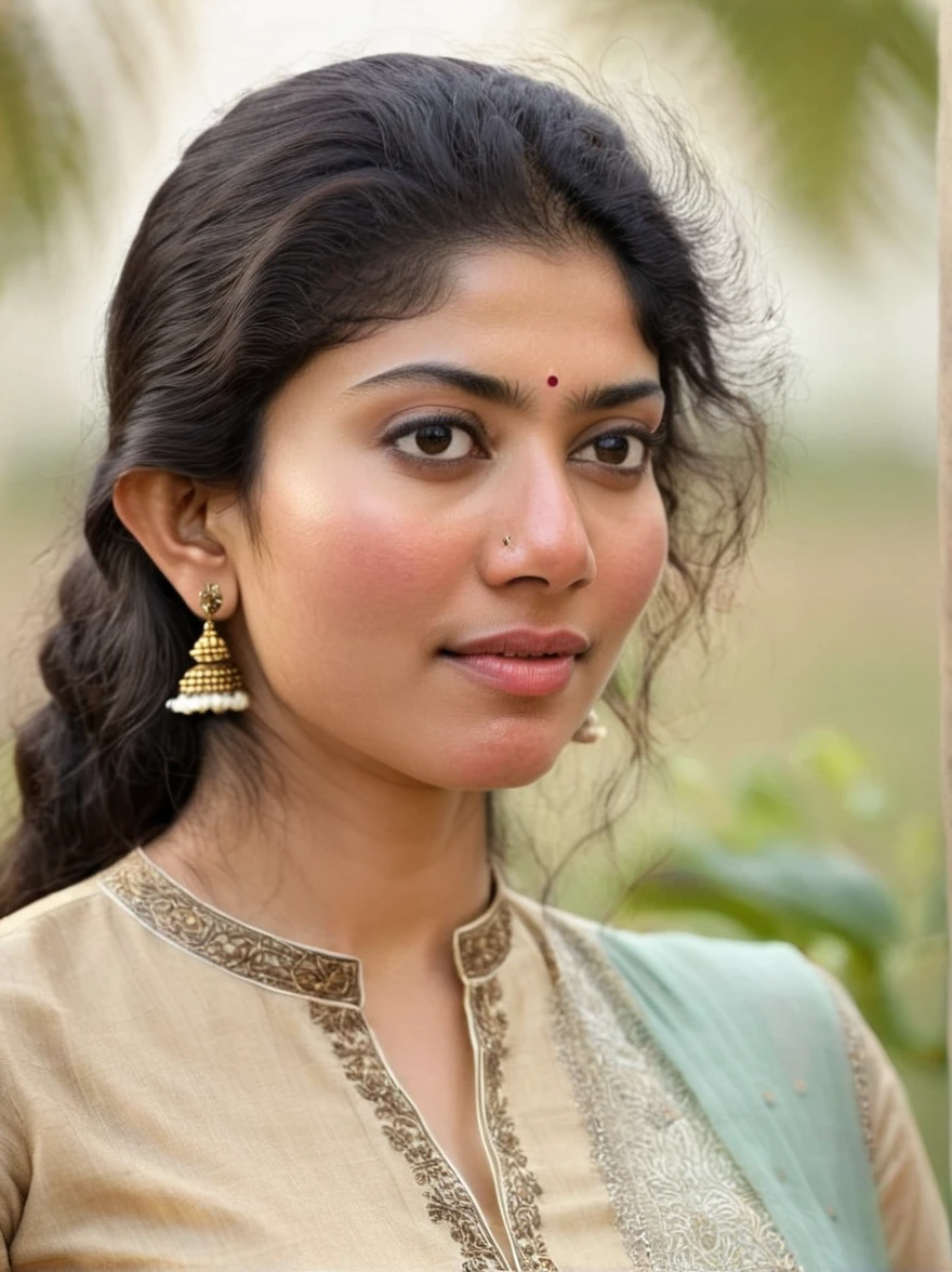 ultrarealistic hires close up photo of a 30-year-old sai pallavi woman nude, outdoors, realistic skin texture, looking looking at camera, high collar intricate (salwar_kameez_chunni:1.2), beautiful bokeh background