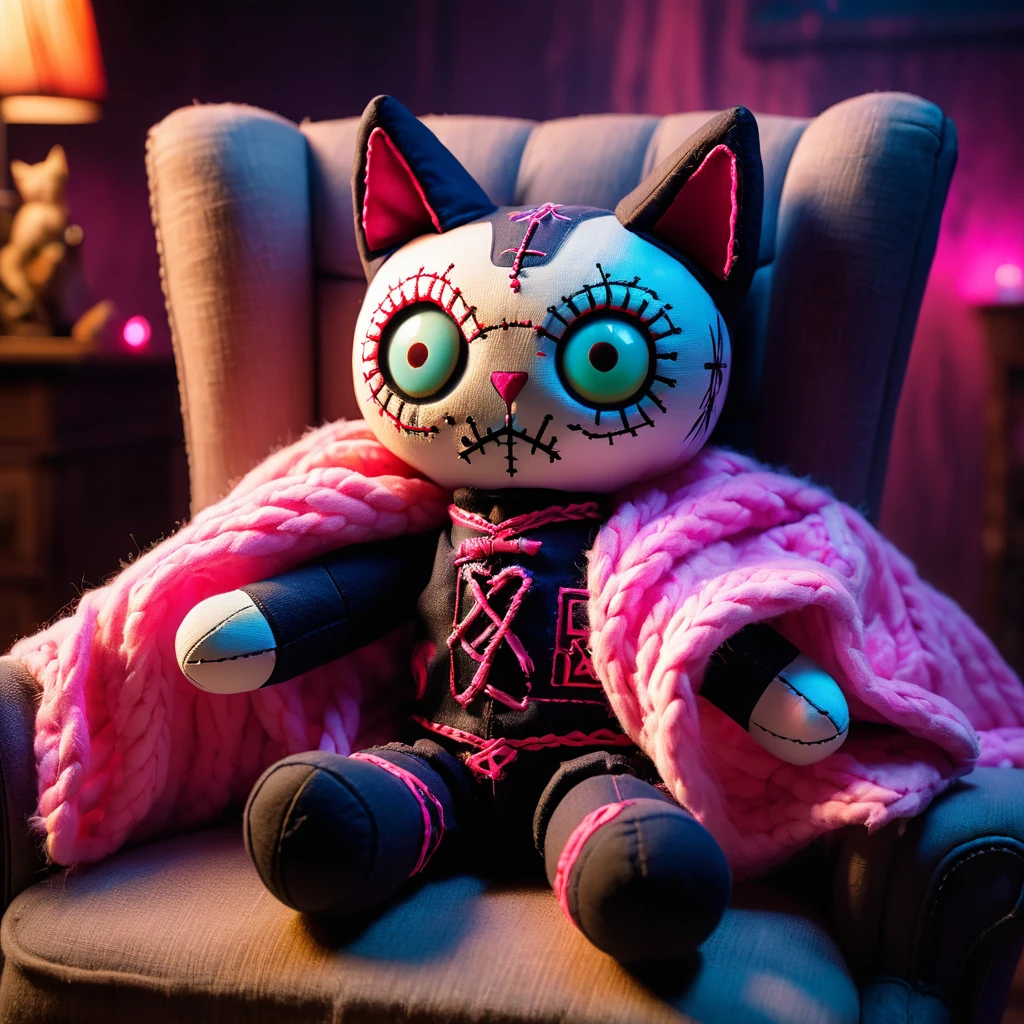 (knitted toy voodoo doll:1.8), (Voodoo Cat Sleeping on Chair:1.3), (Clothing: dark fur with glowing pink patterns:1.0), (Accessories: enchanted cursed blanket, glowing ethereal pillow, mystical haunted living room:1.2), (background: eerie living room with floating, glowing embers and whispering shadows:1.2), best quality, masterpiece, detailed soft oil painting, detailed background, dramatic cinematic lighting, soft edge lighting, professional, dramatic lighting, hard edge lighting, ultra quality, 4k, masterpiece, best quality, 8k, ultra high definition, high resolution, extremely detailed
