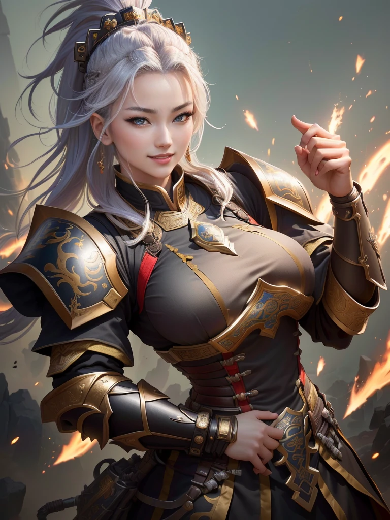 a woman in armor with a helmet with mohawk and a sword, inspired by Li Kan, guan yu, inspired by Hu Zaobin, inspired by Huang Shen, inspired by Huang Ding, inspired by Wu Bin, bian lian, inspired by Li Gonglin, chinese three kingdoms, inspired by Li Cheng, genghis khan, inspired by Pu Hua, Highly detailed CG unit 8k wallpaper, masterpiece, High resolution, highest quality, highest quality real texture skin, Super Real, Digital Painting, Best image quality, 最High resolution, 8k, (((Highly detailed eyes and face, Beautiful eyes every detail))), disproportionate breasts, huge breasts, sagging breasts, gigantic breasts, grin,