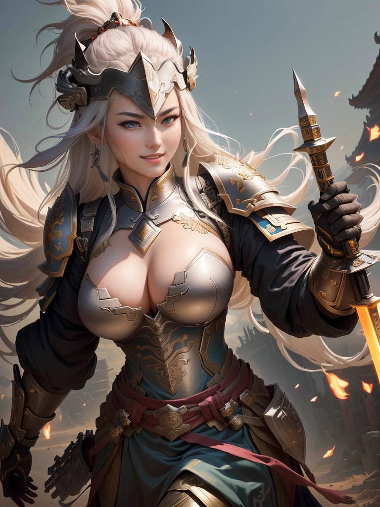 a woman in armor with a helmet with mohawk and a sword, inspired by Li Kan, guan yu, inspired by Hu Zaobin, inspired by Huang Shen, inspired by Huang Ding, inspired by Wu Bin, bian lian, inspired by Li Gonglin, chinese three kingdoms, inspired by Li Cheng, genghis khan, inspired by Pu Hua, Highly detailed CG unit 8k wallpaper, masterpiece, High resolution, highest quality, highest quality real texture skin, Super Real, Digital Painting, Best image quality, 最High resolution, 8k, (((Highly detailed eyes and face, Beautiful eyes every detail))), disproportionate breasts, huge breasts, sagging breasts, gigantic breasts, grin,