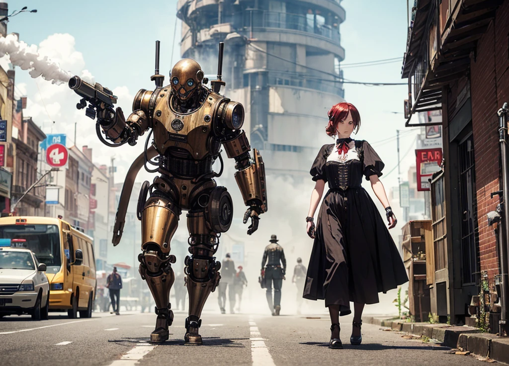 (steam punk)(a mechanical detective, humanoid, piston driven arms & legs, steam vents) walks the streets of the city seeking a wanted criminal
