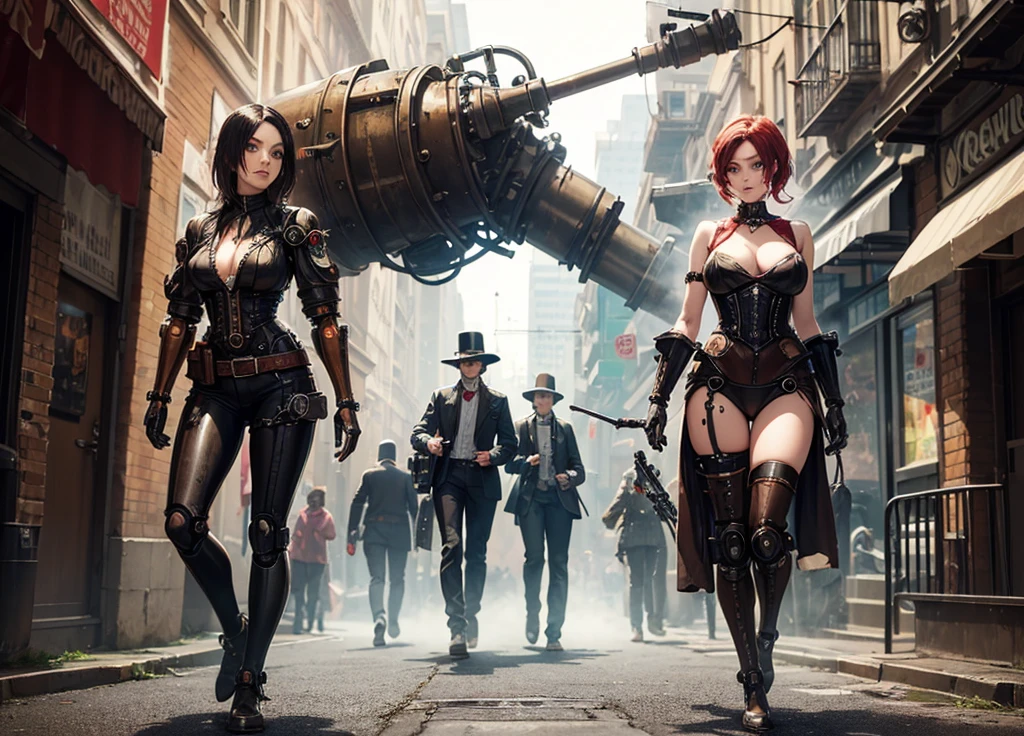 (steam punk)(a mechanical detective, humanoid, piston driven arms & legs, steam vents) walks the streets of the city seeking a wanted criminal