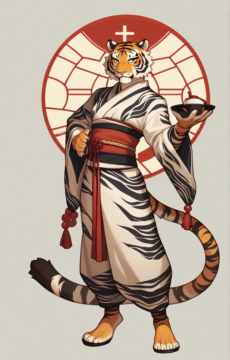 the  anime character ,((furry tiger girl)) , wearing (white and Black Patterns Japanese garment) and (袴), ((don't have anything)) , (A cup), full body --ar 4:7 --s 40