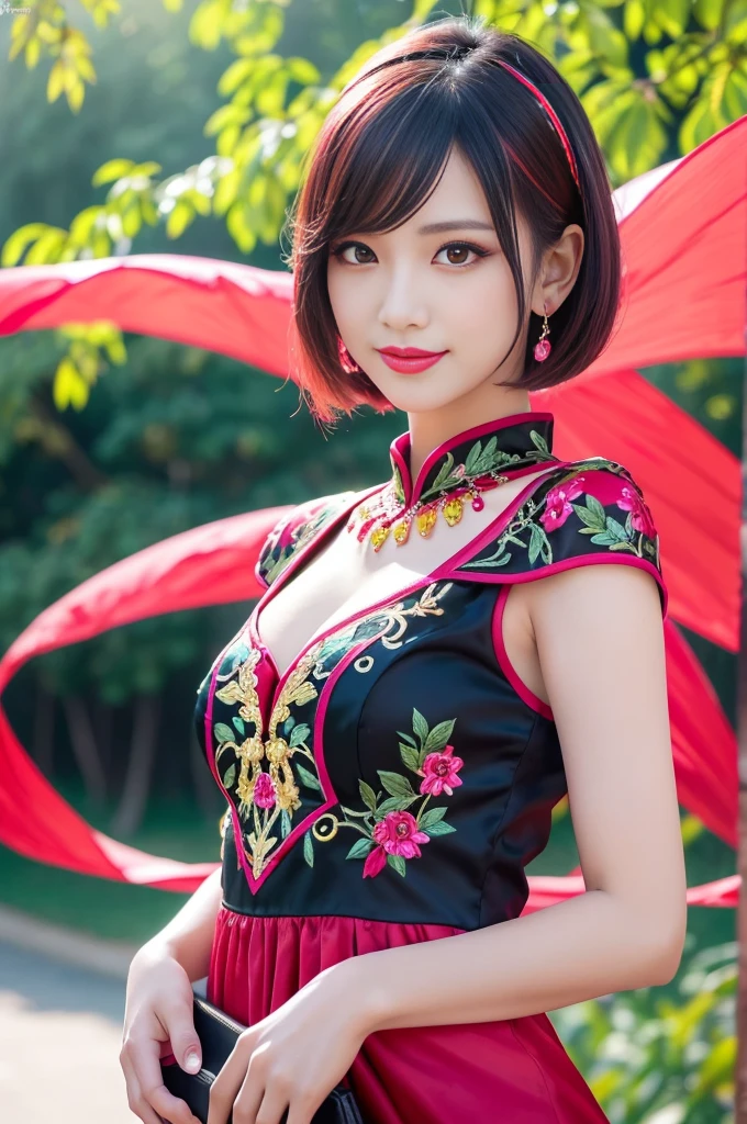 (masterpiece:1.4), (best quality:1.4), ultra high res, ultra high resolution, ((detailed facial features)), HDR, (realistic, photorealistic, photo-realistic:1.37), full body Esbian, sexy Vietnamese model, (-anime), vivid colors, ((vivid colors multicolor (red, fuchsia) very short hair)), (happy smile), lip-gloss, long lashes, ultra detailed makeup, defined eyebrows, wearing large sparkling colorful jewelery, wearing a red silk Paradise Kiss cosplay dress with black floral embroidery, ((vivid colors outfit)), vivid colors, look at the camera, cinematic light, large park background with trees, sweet and sexy pose