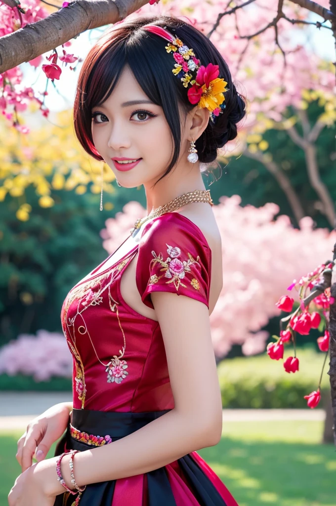 (masterpiece:1.4), (best quality:1.4), ultra high res, ultra high resolution, ((detailed facial features)), HDR, (realistic, photorealistic, photo-realistic:1.37), full body Esbian, sexy Vietnamese model, (-anime), vivid colors, ((vivid colors multicolor (red, fuchsia) very short hair)), (happy smile), lip-gloss, long lashes, ultra detailed makeup, defined eyebrows, wearing large sparkling colorful jewelery, wearing a red silk Paradise Kiss cosplay dress with black floral embroidery, ((vivid colors outfit)), vivid colors, look at the camera, cinematic light, large park background with trees, sweet and sexy pose