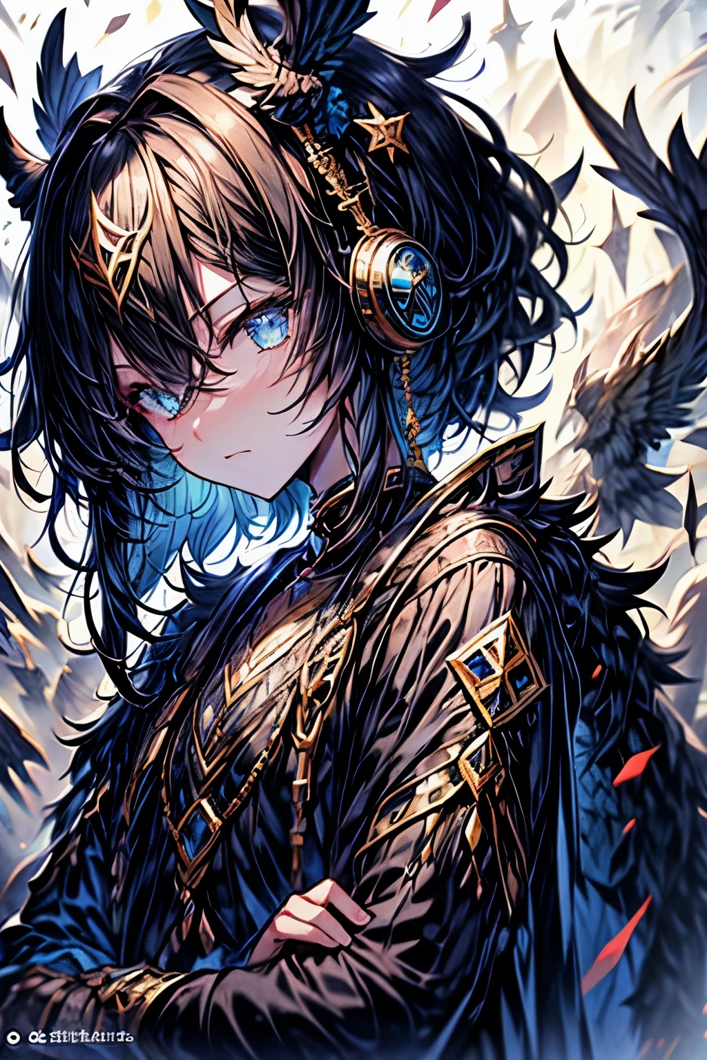 High resolution, masterpiece, Highest quality, One boy、female々Shii、short hair、Painful expression、Blue Glasses、Purple Hair、light blue、Gradation、Odd Eye、美Shii瞳、Captivating eyes、20 years old、Wear warm clothes、headphone、adult、pantagic、god々Shii、music、