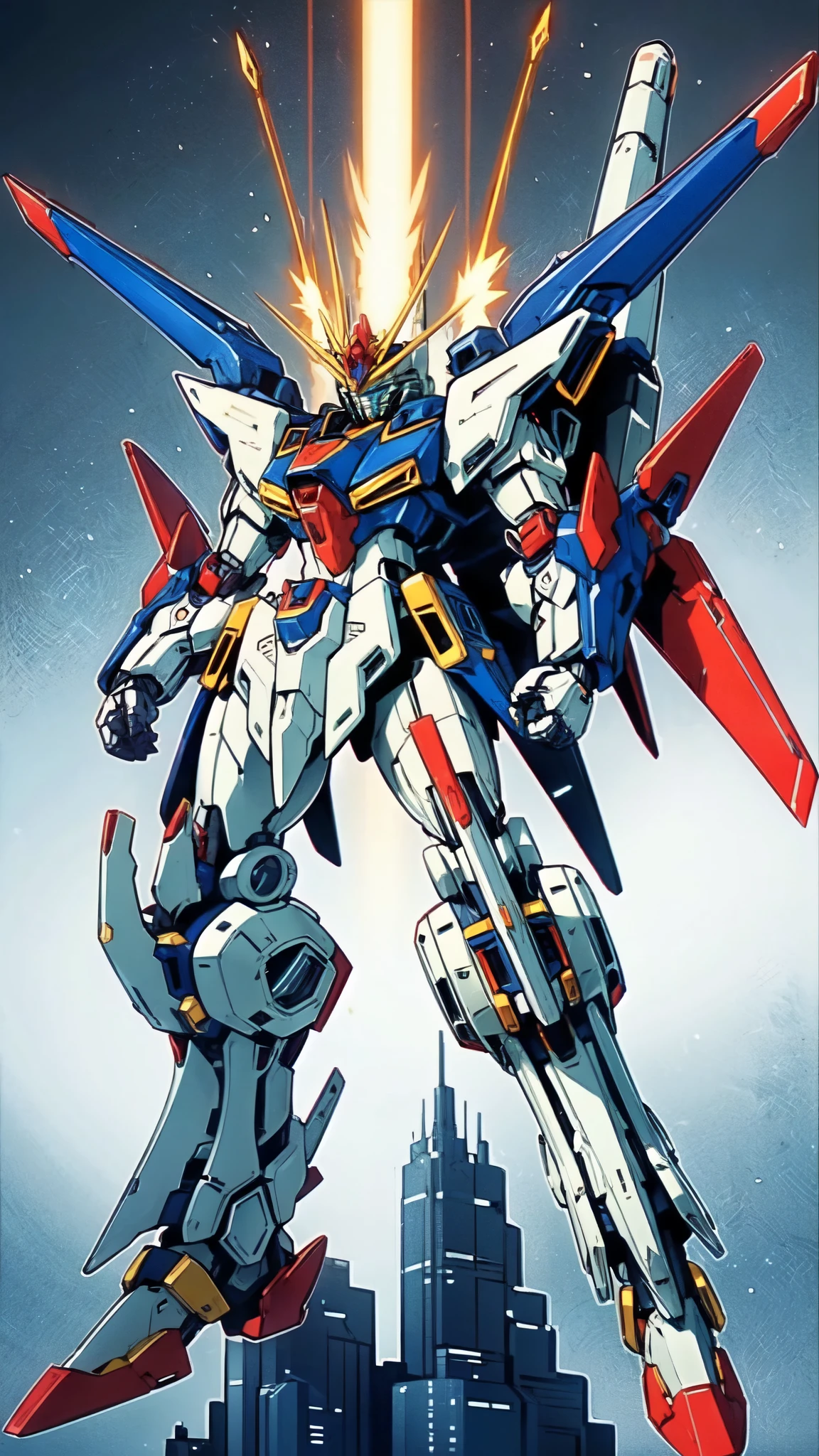 (masterpiece:1.5, best quality:1.5, extremely delicate:1.5), humanoid Mecha, fully enclosed shoulder guards, matching arm and leg guards, full body, full armor, the design balances heavy with agility, (the color scheme is primarily white with red and blue accents, the concept Inspired by Super robot, organic biotech armor, standing, floating high above the futuristic sci-fi city), exquisite and mature art style, (aura effect, energy, glowing eyes, the armor glows), metallic, dramatic, high definition, highres, ultra-detailed, ultra-fine painting, professional, perfect body proportions, anatomically correct, symmetrical face, extremely detailed eyes and face, high quality eyes, creativity, RAW photo, UHD, 32k, Natural light, cinematic lighting, masterpiece-anatomy-perfect