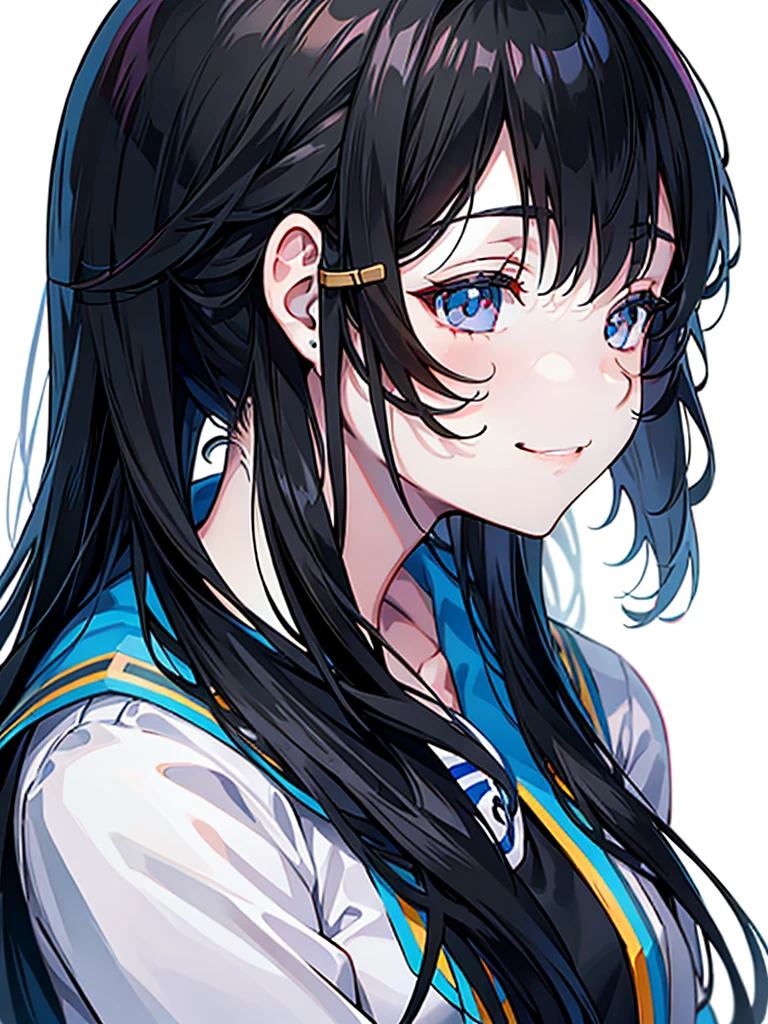 girl、Long Black Hair、Beauty、high school student、From the side a little、smile、Face close-up、White background