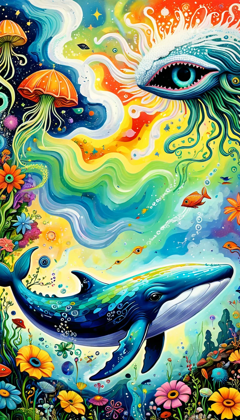 Children's graffiti,Thick coating,Concave and convex texture,Oil pastel strokes:Artists from the stars,Flying Whale:1.37、Eruption Cloud、flowesh、Tentacles、bird、(((Eye)))、diatom,Abstract mosaic painting,Describing the inner world of autistic people,Large area of white,interesting,Innocence,Vision,Psychedelic Art,