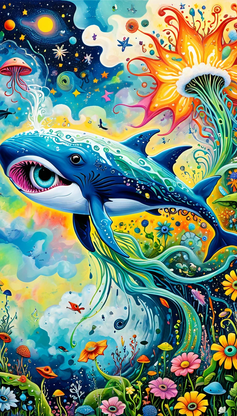 Children's graffiti,Thick coating,Concave and convex texture,Oil pastel strokes:Artists from the stars,Flying Whale:1.37、Eruption Cloud、flowesh、Tentacles、bird、(((Eye)))、diatom,Abstract mosaic painting,Describing the inner world of autistic people,Large area of white,interesting,Innocence,Vision,Psychedelic Art,