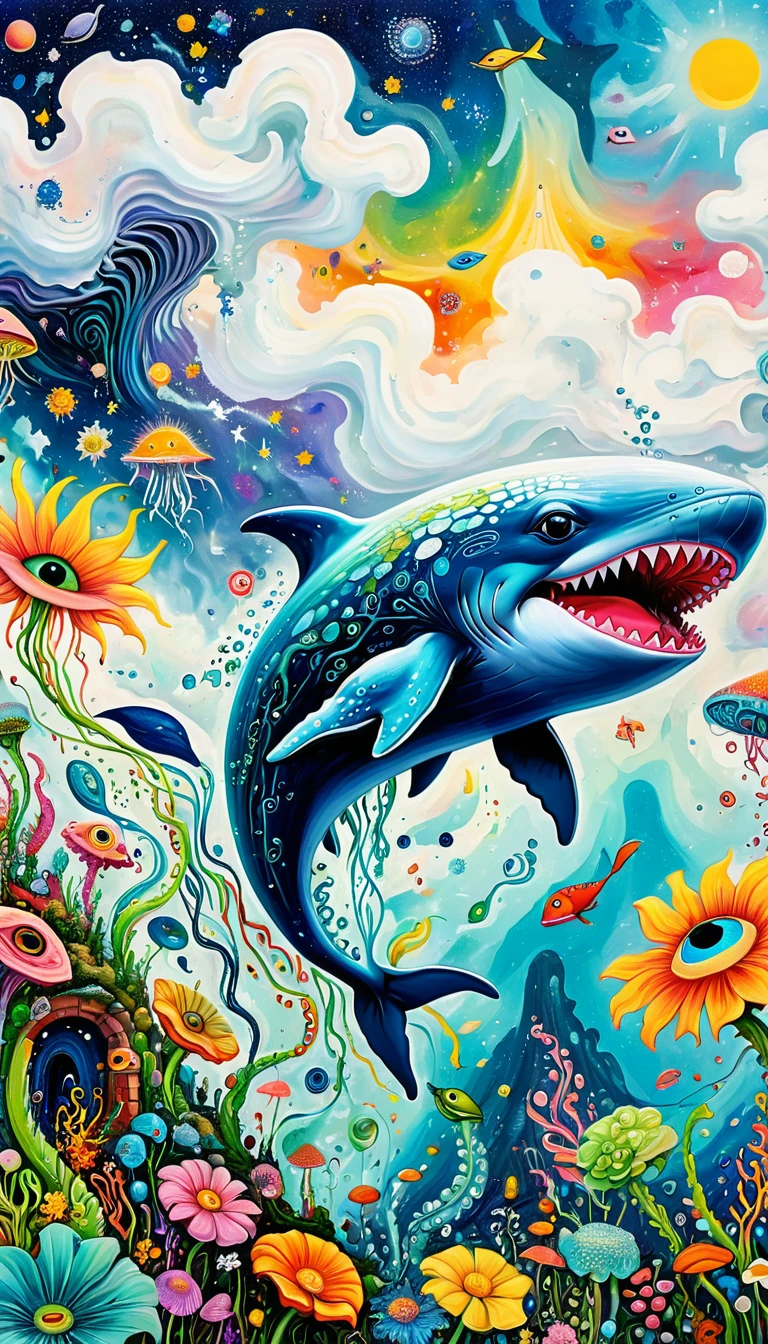 Children's graffiti,Thick coating,Concave and convex texture,Oil pastel strokes:Artists from the stars,Flying Whale:1.37、Eruption Cloud、flowesh、Tentacles、bird、(((Eye)))、diatom,Abstract mosaic painting,Describing the inner world of autistic people,Large area of white,interesting,Innocence,Vision,Psychedelic Art,