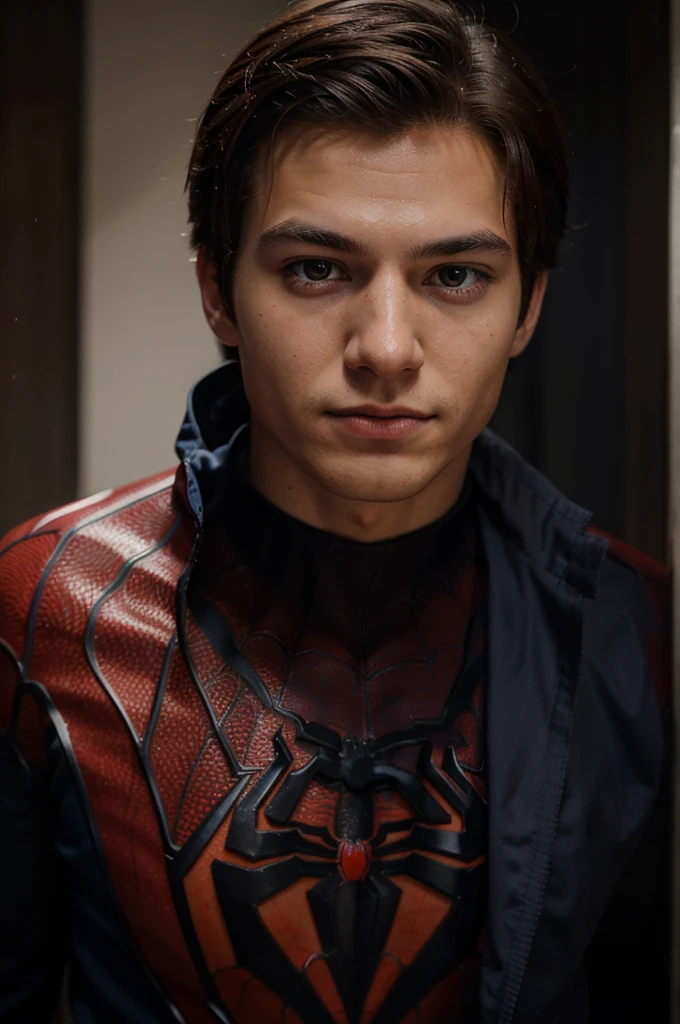 A photograph of spider man, no mask, 20 yo, handsome, detailed face, looking at camera, portrait, 8k uhd, high quality