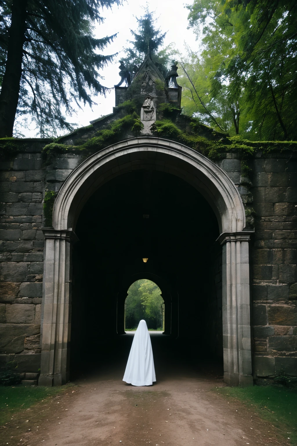 ((best quality)), ((masterpiece)), (detailed), very spooky ghost standing beside the samitarium wall, dark nights there are si many big trees, leap on the ground, stones