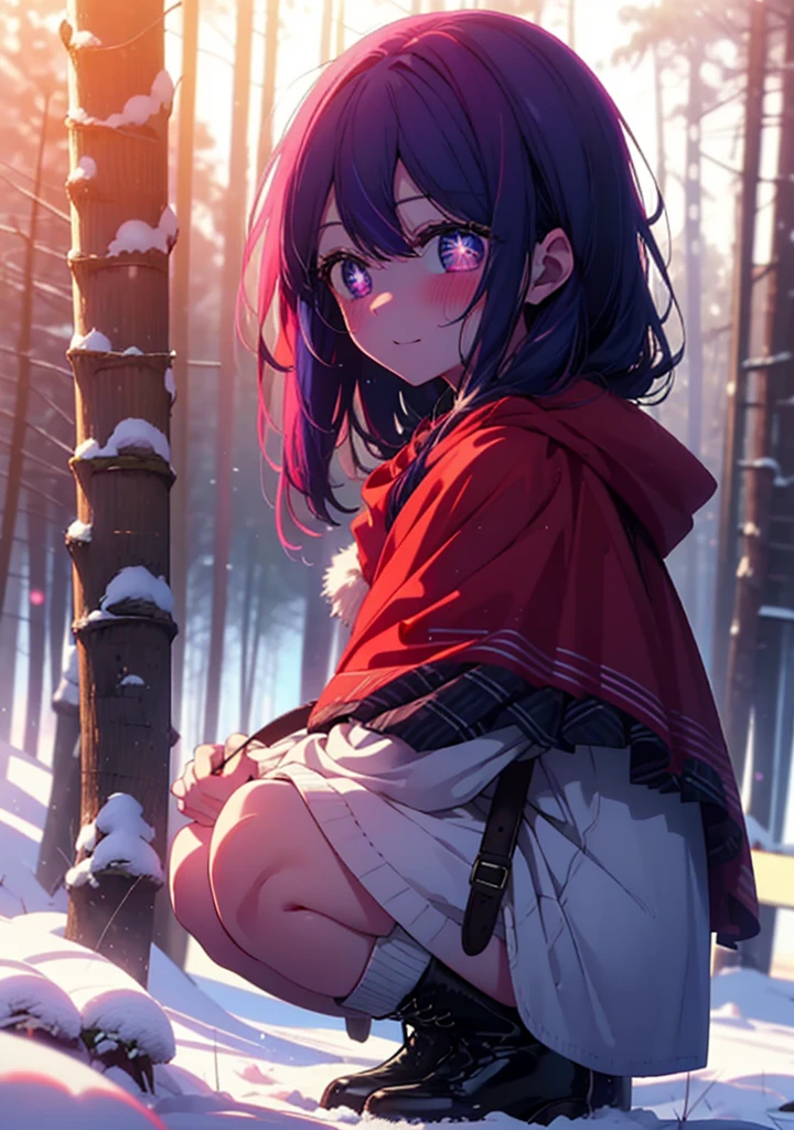 aihoshino, Ai Hoshino, Long Hair, bangs, (Purple eyes:1.1), Purple Hair, (Symbol-shaped pupil:1.5), smile,,smile,blush,white breath,
Open your mouth,snow,Ground bonfire, Outdoor, boots, snowing, From the side, wood, suitcase, Cape, Blurred, , forest, White handbag, nature,  Squat, Mouth closed, Cape, winter, Written boundary depth, Black shoes, red Cape break looking at viewer, Upper Body, whole body, break Outdoor, forest, nature, break (masterpiece:1.2), Highest quality, High resolution, unity 8k wallpaper, (shape:0.8), (Beautiful and beautiful eyes:1.6), Highly detailed face, Perfect lighting, Extremely detailed CG, (Perfect hands, Perfect Anatomy),