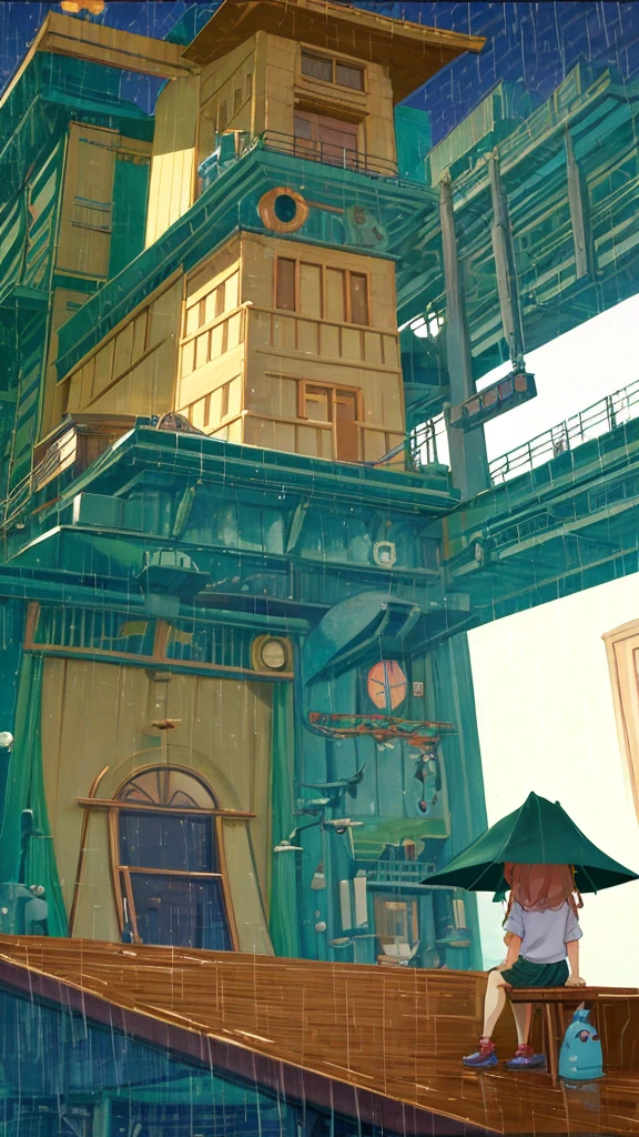 「Lofi Girl」in Studio Ghibli style、Please draw it on a rainy day setting.。Lofi Girl sits at a wooden desk、I'm reading a book by the window while listening to music on my bed.。she、Simple dresses and sweaters、They are wearing comfortable, casual clothing reminiscent of Ghibli characters.。Outside the window、The night view is expanding。