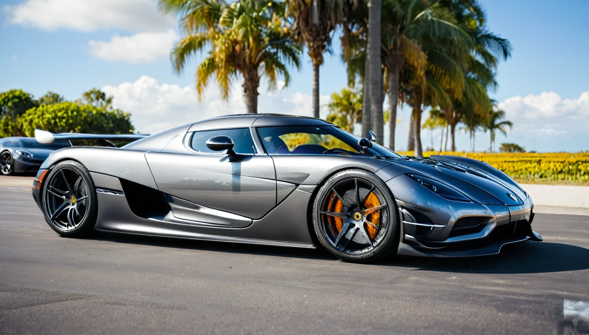  ((A realistic photo of a koenigsegg hyper Car)),gun metal grey color with chrome mag wheels, parked at a race trac on a summers day, best quality, very hi definition, 8k, Surfboards and bikini Girls standing next to the car, (fine detail,)
