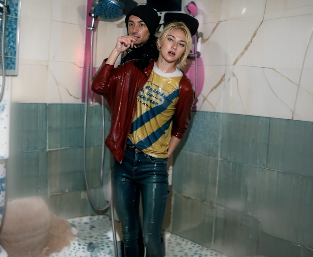 (((30 year old man and blonde woman taking a shower))), skinny jeans, (Water-soaked clothing:1.17), (Best Quality,high resolution,bokeh:1.2),Pronounced wrinkles,,Detailed eyes and face, tshirt, (standing:1.0),(gloomy ecstasy:1.1), Posing, standing in a shower SoakingWetClothes, black Dark Marten boots, show boots, jeans are wrinkled from wetness, ((hugging)), blonde hair