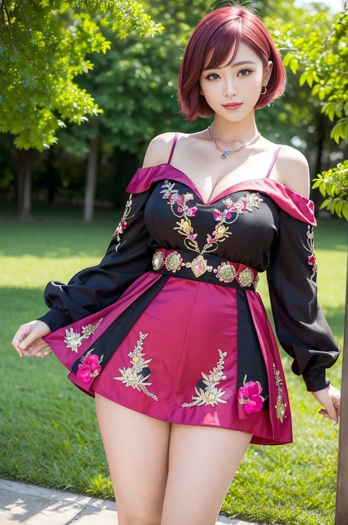(masterpiece:1.4), (best quality:1.4), ultra high res, ultra high resolution, ((detailed facial features)), HDR, (realistic, photorealistic, photo-realistic:1.37), full body Esbian, sexy Vietnamese model, (-anime), vivid colors, ((vivid colors multicolor (red, fuchsia) very short hair)), (happy smile), lip-gloss, long lashes, ultra detailed metallic makeup, defined eyebrows, wearing large sparkling colorful jewelery, wearing a red silk Paradise Kiss cosplay dress with black floral embroidery, ((vivid colors outfit)), vivid colors, look at the camera, cinematic light, large park background with trees, sweet and sexy pose