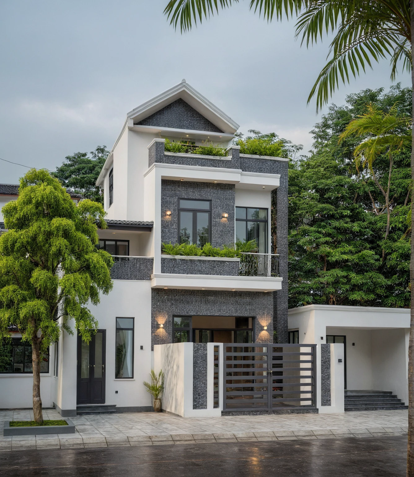 (bright image), A double story modern style house in the middle of Vietnam, (dark grnite tiled wall),(classic detail), simple and elegant architecture with white walls on top half and grey tiles roof, large windows with, entrance door is white with arched shape, bonsai trees, wide tile stone courtyard, professional photography, daylight, natural light, high resolution photography, (best quality, ultra realistic, masterpiece:1.15)