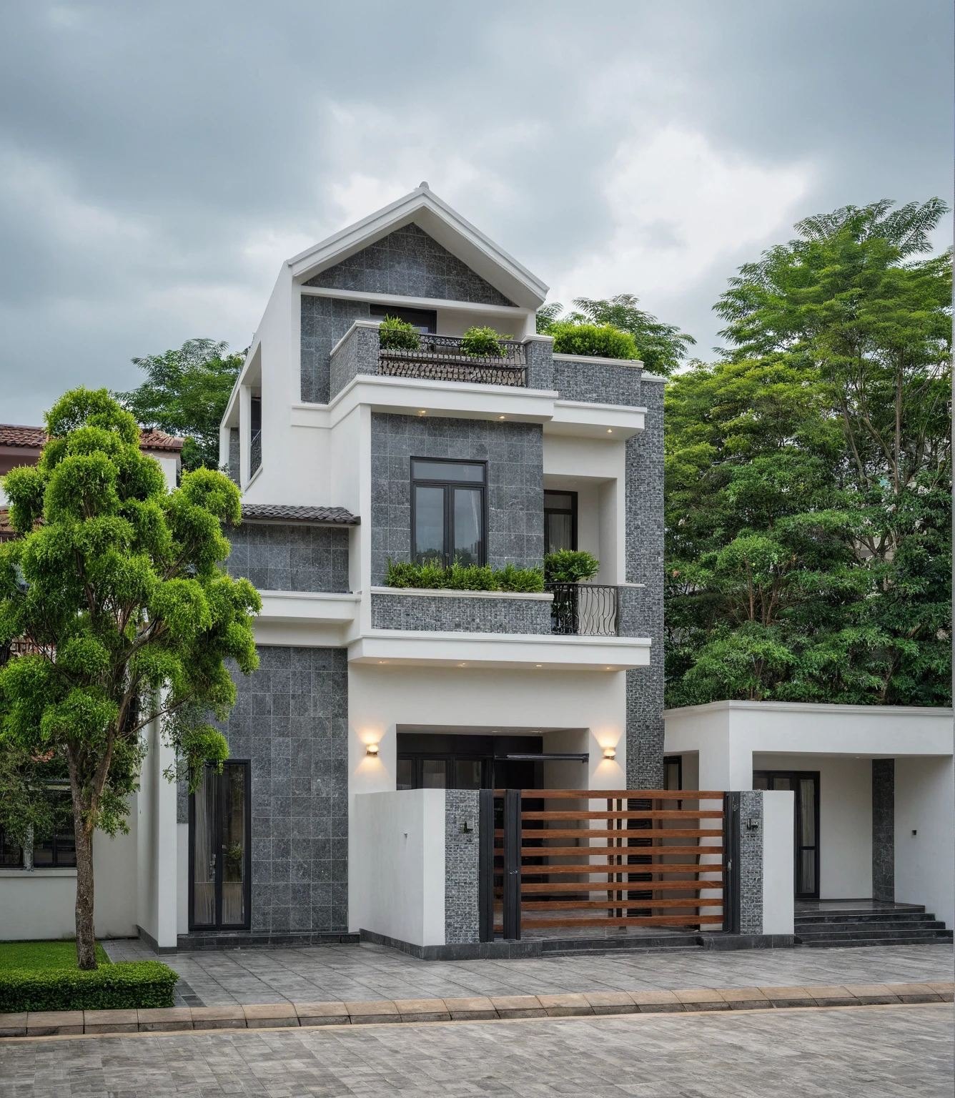 (bright image), A double story modern style house in the middle of Vietnam, (dark grnite tiled wall),(classic detail), simple and elegant architecture with white walls on top half and grey tiles roof, large windows with, entrance door is white with arched shape, bonsai trees, wide tile stone courtyard, professional photography, daylight, natural light, high resolution photography, (best quality, ultra realistic, masterpiece:1.15)