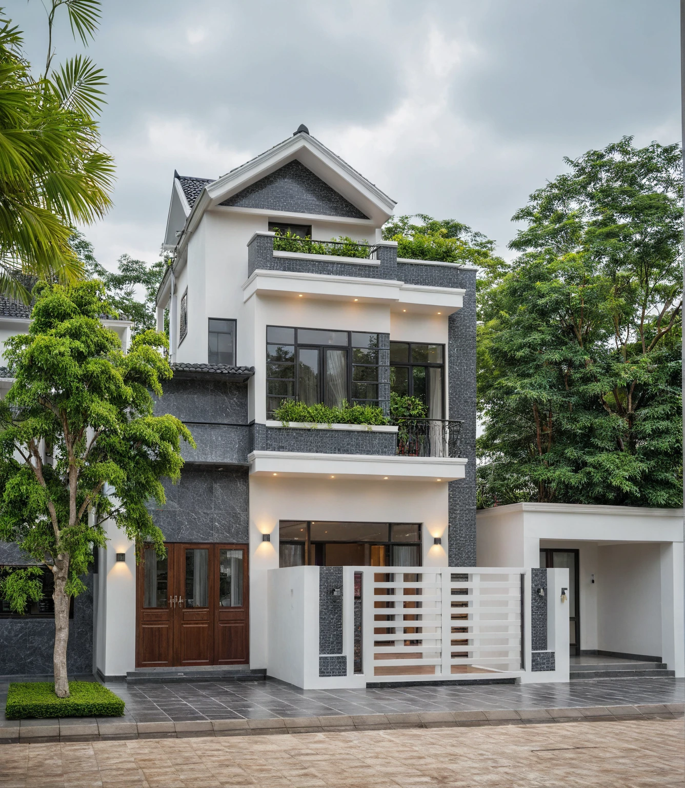 (bright image), A double story modern style house in the middle of Vietnam, (dark grnite tiled wall),(classic detail), simple and elegant architecture with white walls on top half and grey tiles roof, large windows with, entrance door is white with arched shape, bonsai trees, wide tile stone courtyard, professional photography, daylight, natural light, high resolution photography, (best quality, ultra realistic, masterpiece:1.15)