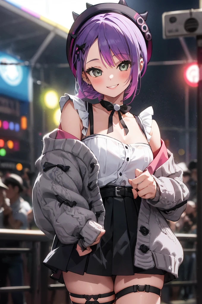 1girl, solo, (rave, crowd, colorful lights), cowboy shot, smile, towacasual, jirai kei, frilled shirt, high-waist skirt, off shoulder, grey cardigan, beret, fake horns, thigh strap
 