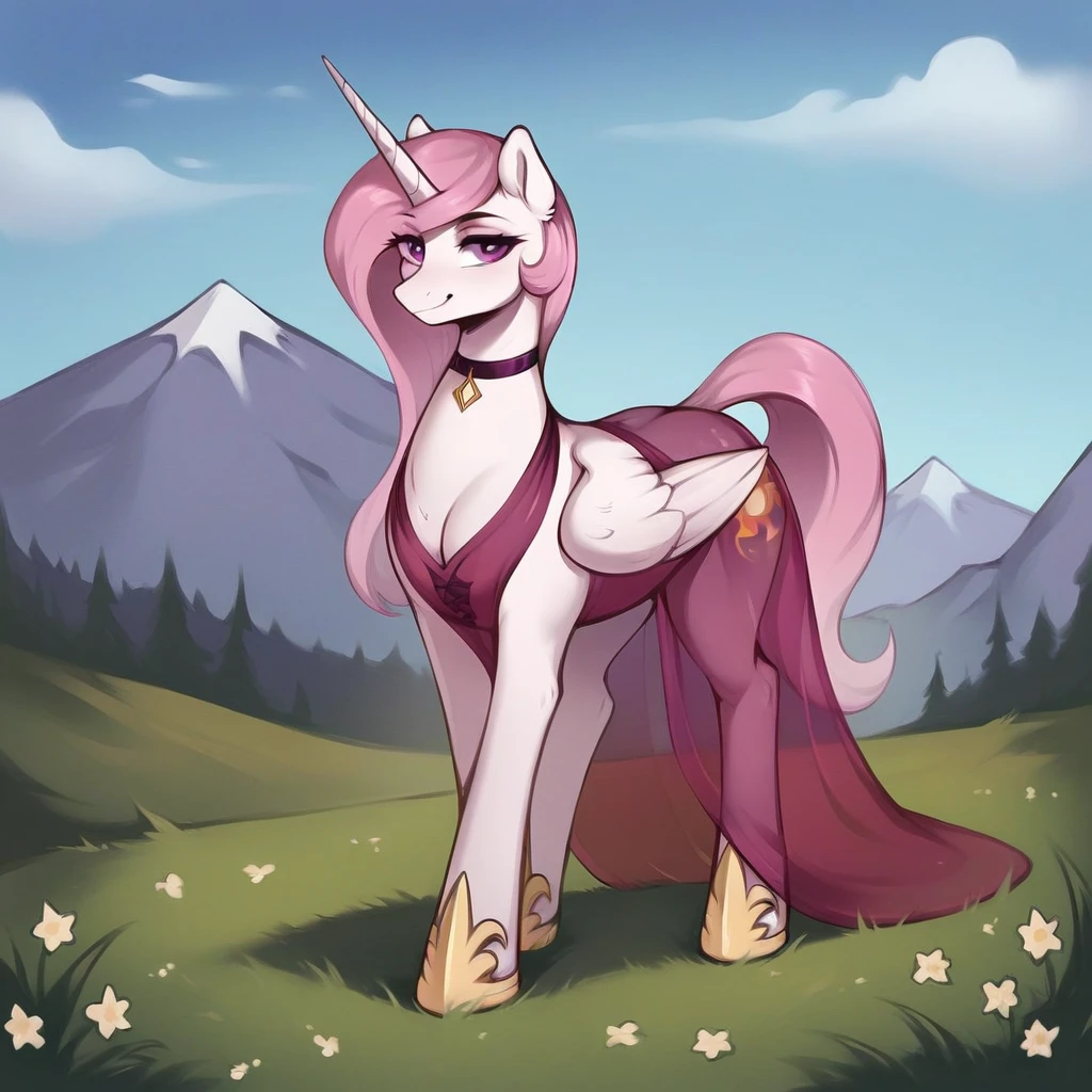 score_9, score_8_up, score_7_up, score_6_up, score_5_up, score_4_up, rating_explicit, outdoors, purple (see through pink dress and neck choker), solo, feral pony, princess  celestia with pink mane, evil smile, closed mouth,BREAK mountain, day, sky, flower, mountainous horizon, blue sky, grass round breasts, gigantic breasts