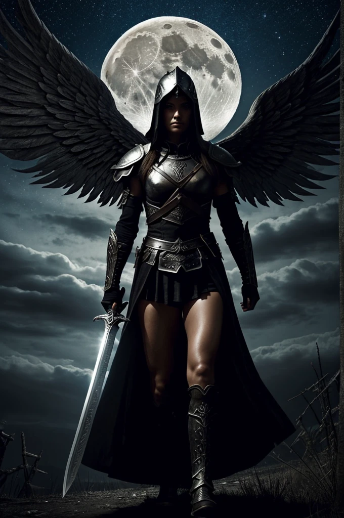 A warrior angel, dark and mysterious, light outfit, long bloody sword, a full moon evening