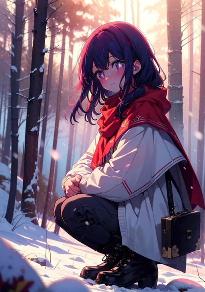 aihoshino, Ai Hoshino, Long Hair, bangs, (Purple eyes:1.1), Purple Hair, (Symbol-shaped pupil:1.5), smile,,smile,blush,white breath,
Open your mouth,snow,Ground bonfire, Outdoor, boots, snowing, From the side, wood, suitcase, Cape, Blurred, , forest, White handbag, nature,  Squat, Mouth closed, Cape, winter, Written boundary depth, Black shoes, red Cape break looking at viewer, Upper Body, whole body, break Outdoor, forest, nature, break (masterpiece:1.2), Highest quality, High resolution, unity 8k wallpaper, (shape:0.8), (Beautiful and beautiful eyes:1.6), Highly detailed face, Perfect lighting, Extremely detailed CG, (Perfect hands, Perfect Anatomy),