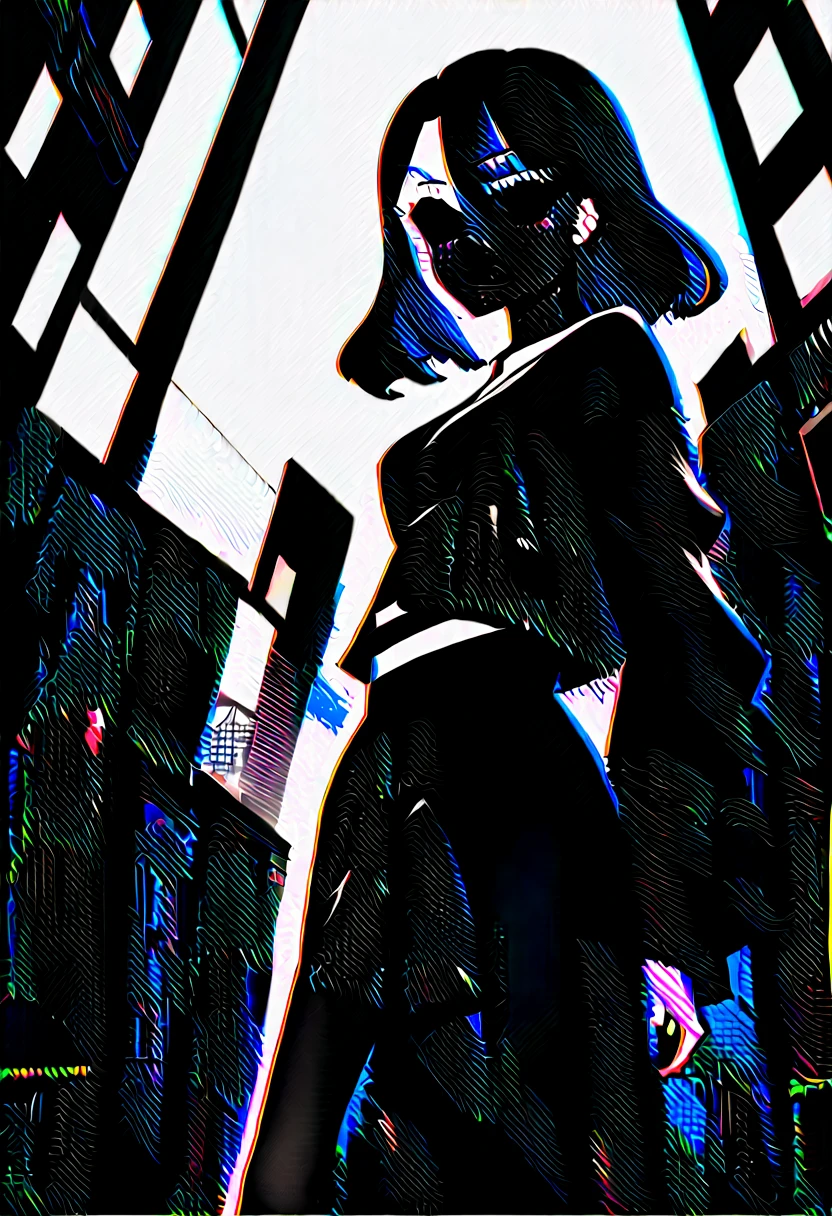/imagine prompt: A woman in her 30s with wavy black hair pinned with a butterfly clip, black lips, gray eyes, exuding a beautiful young English Gothic appearance. She wears a tight white top, a black leather biker jacket, a vinyl skirt, and long boots, carrying a large sword. Set in 1950s New York, she stands in the cityscape under the full moon, Illustration, detailed digital art capturing the Gothic vampire girl's striking presence in her 1950s New York setting under the full moon, --ar 16:9